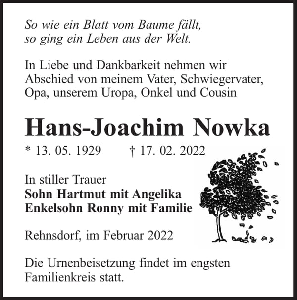 Traueranzeige Hans-Joachim Nowka
