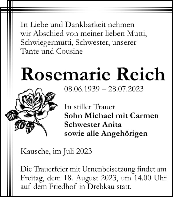 Traueranzeige Rosemarie Reich