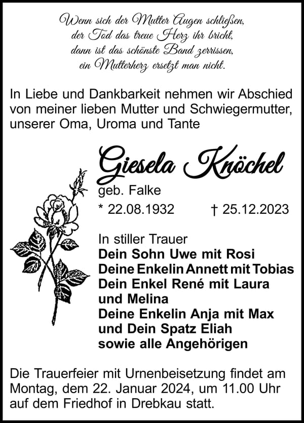Traueranzeige Giesela Knöchel, geb. Falke