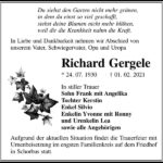 Traueranzeige Richard Gergele