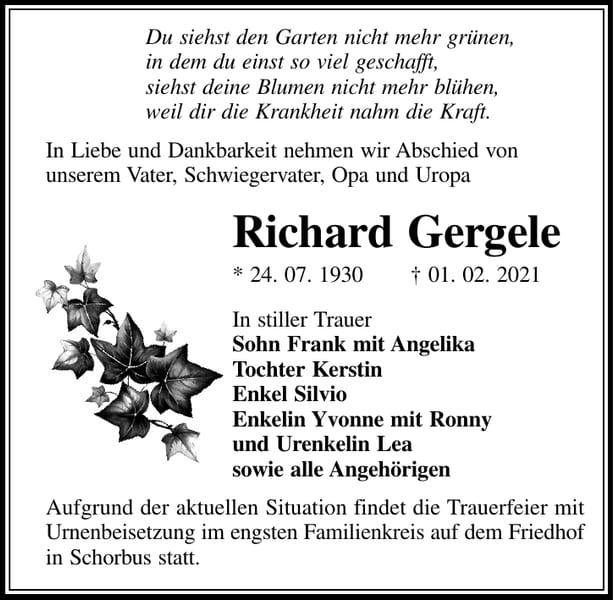 Traueranzeige Richard Gergele