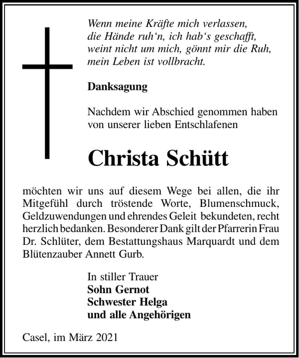 Danksagung Christa Schütt