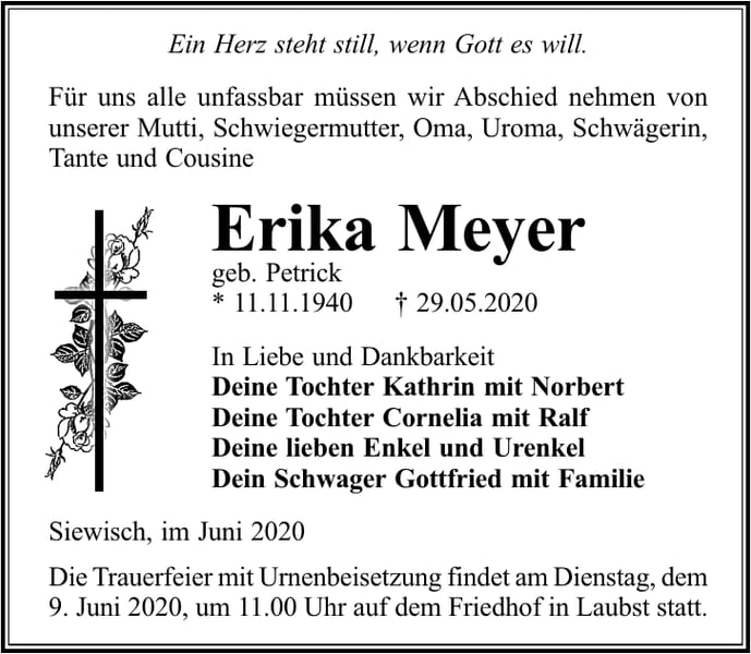 Traueranzeige Erika Meyer, geb. Petrick