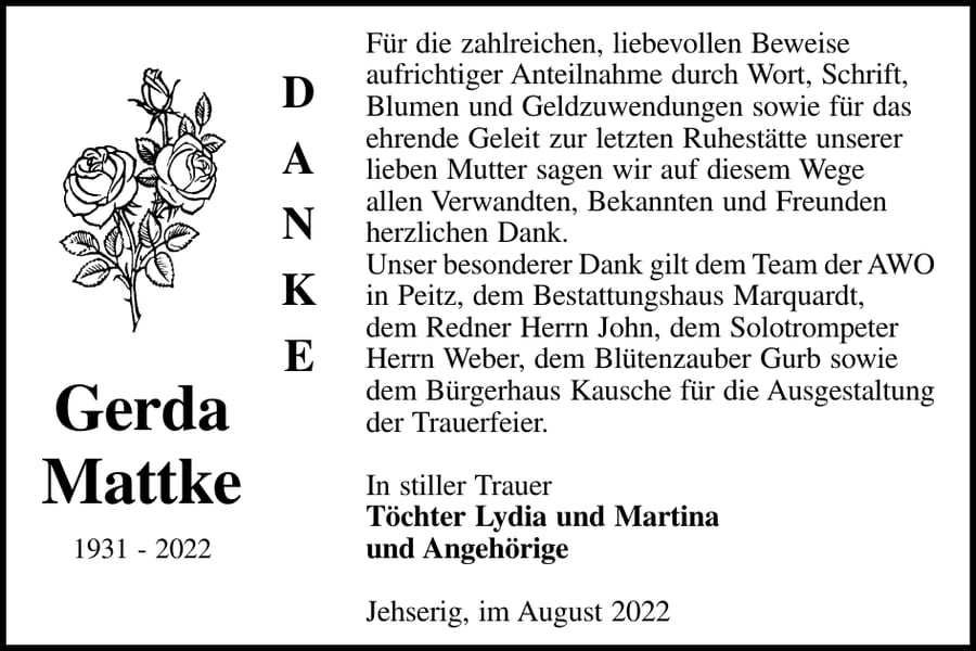Danksagung Gerda Mattke