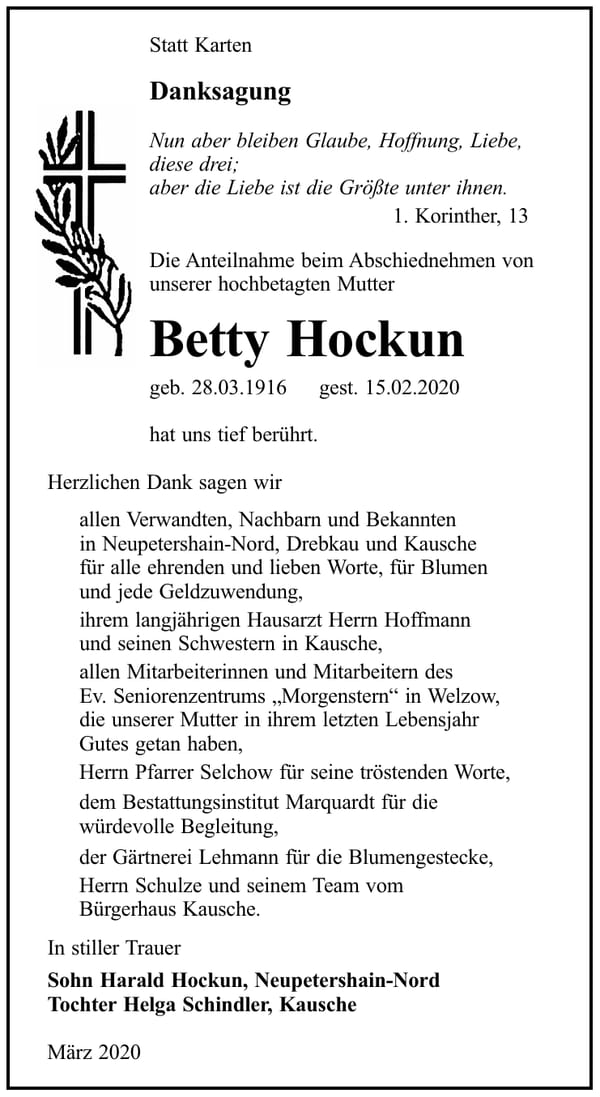 Danksagung Betty Hockun