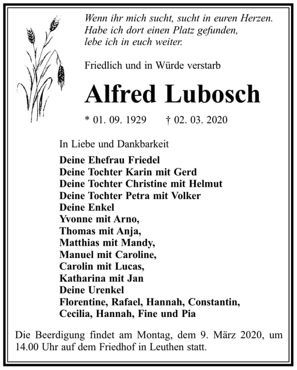 Traueranzeige Alfred Lubosch