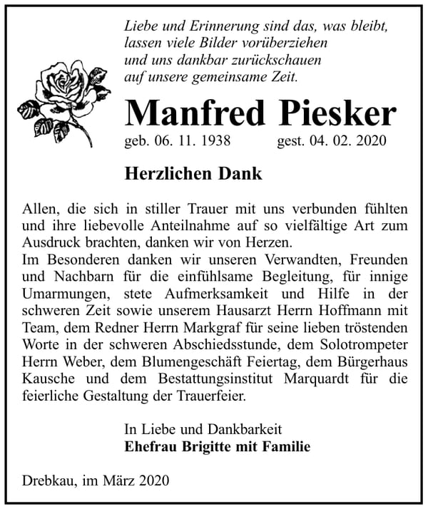 Danksagung Manfred Piesker