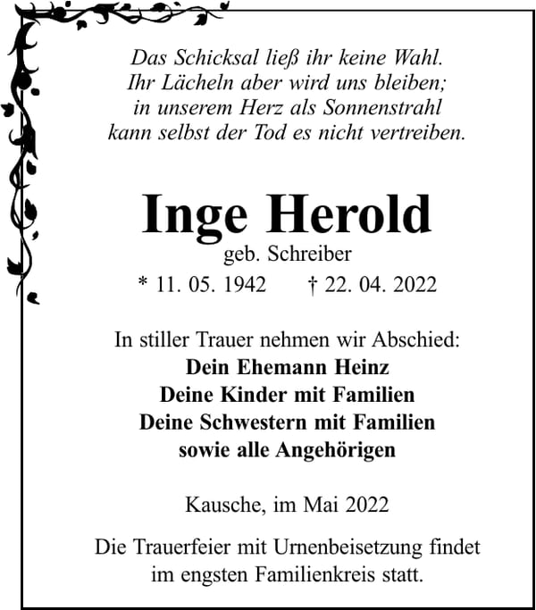 Traueranzeige Inge Herold, geb. Schreiber