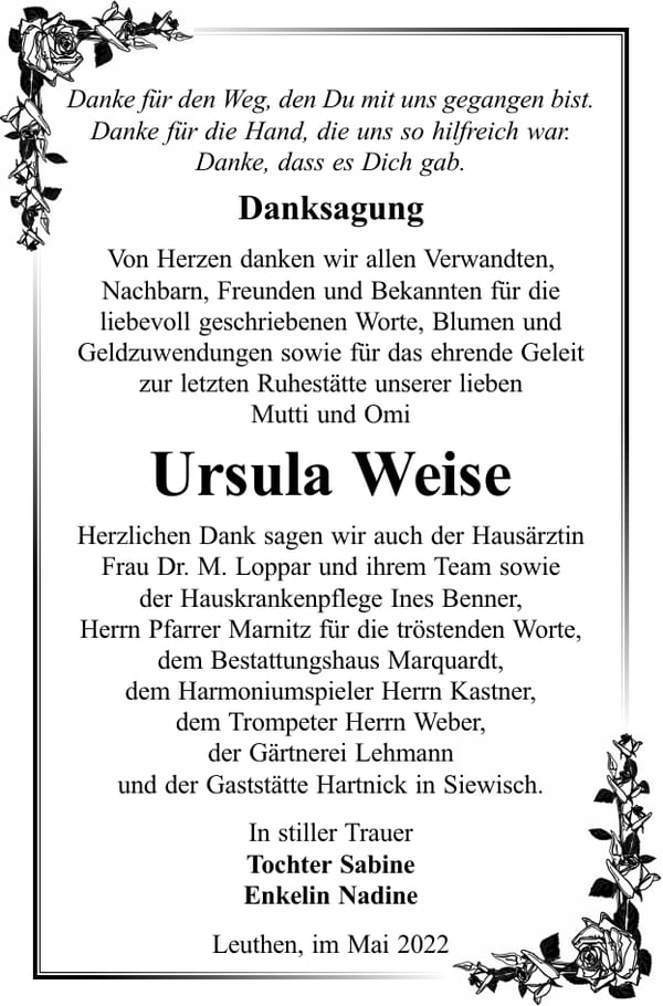 Danksagung Ursula Weise