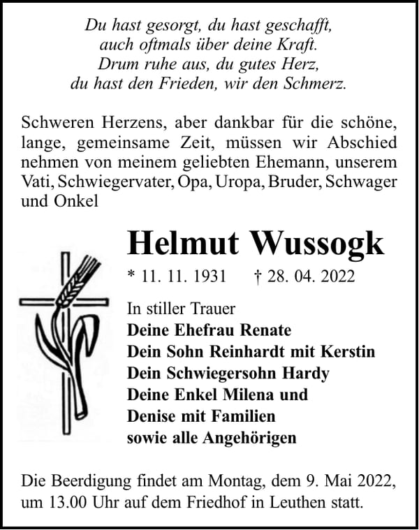 Traueranzeige Helmut Wussogk