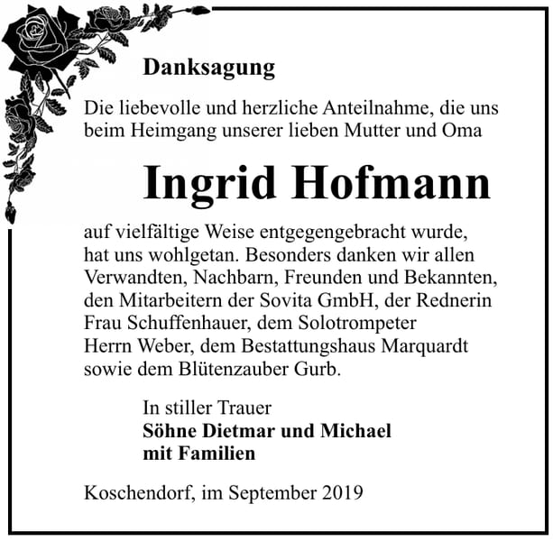 Danksagung Ingrid Hofmann