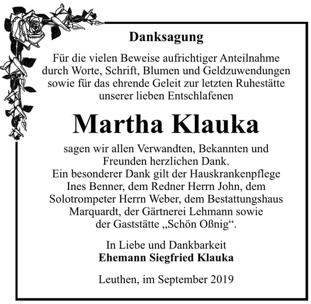 Danksagung Martha Klauka