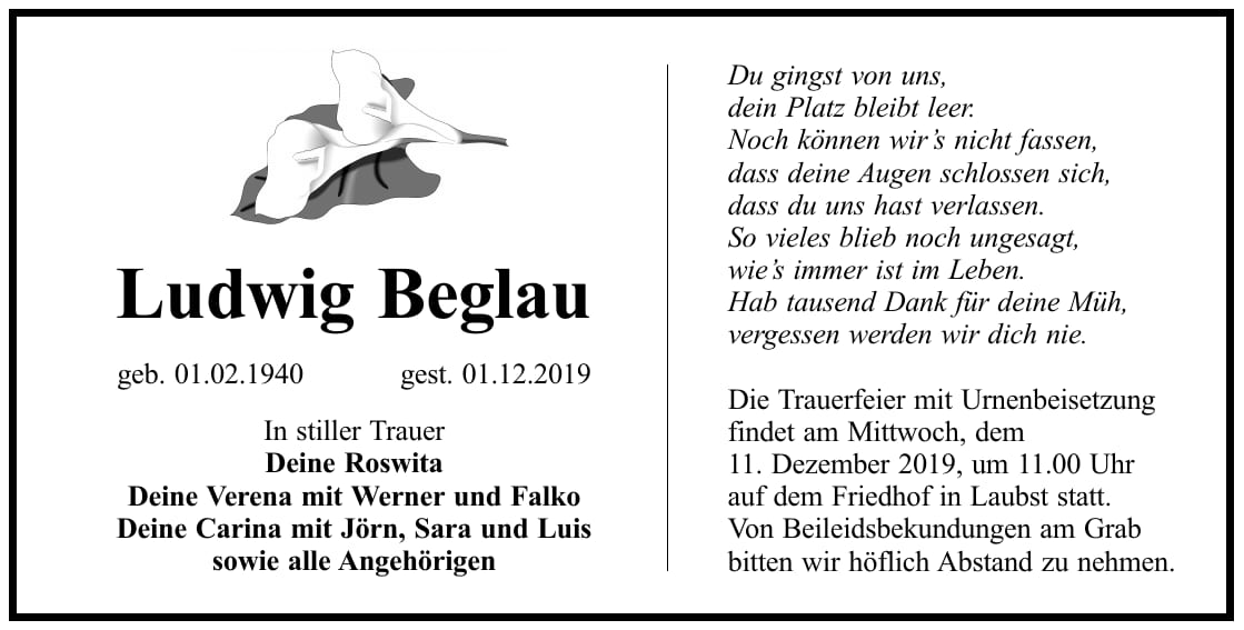 Traueranzeige Ludwig Beglau