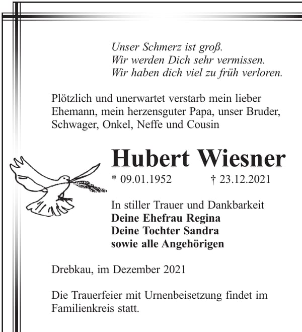 Traueranzeige Hubert Wiesner