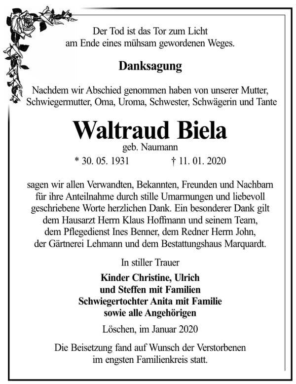 Danksagung Waltraud Biela, geb. Naumann