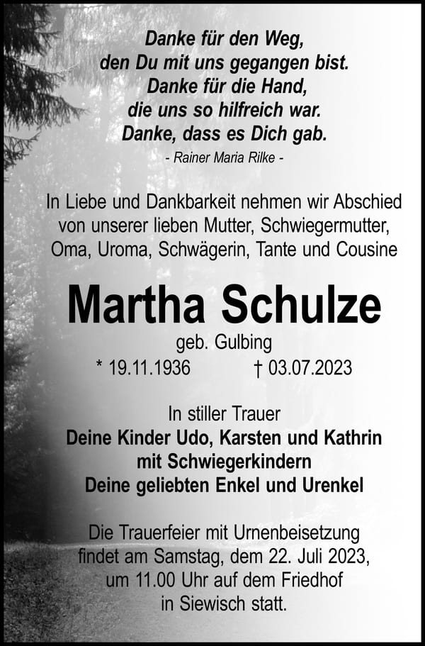 Traueranzeige Martha Schulze, geb. Gulbing