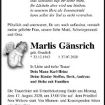 Traueranzeige Marlis Gänsrich, geb. Greulich