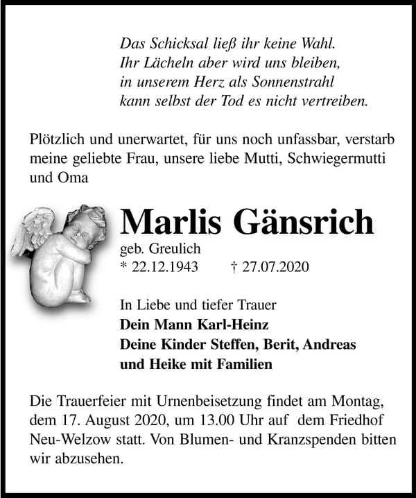Traueranzeige Marlis Gänsrich, geb. Greulich