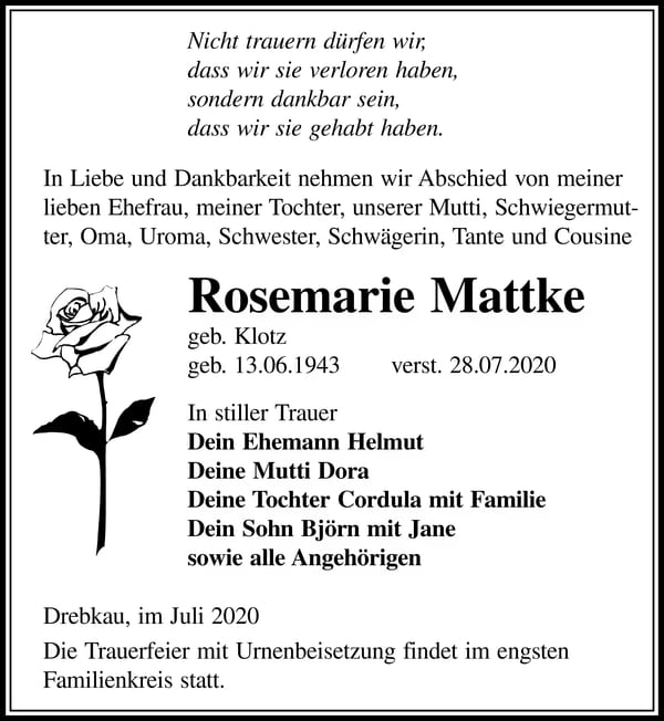 Traueranzeige Rosemarie Mattke, geb. Klotz