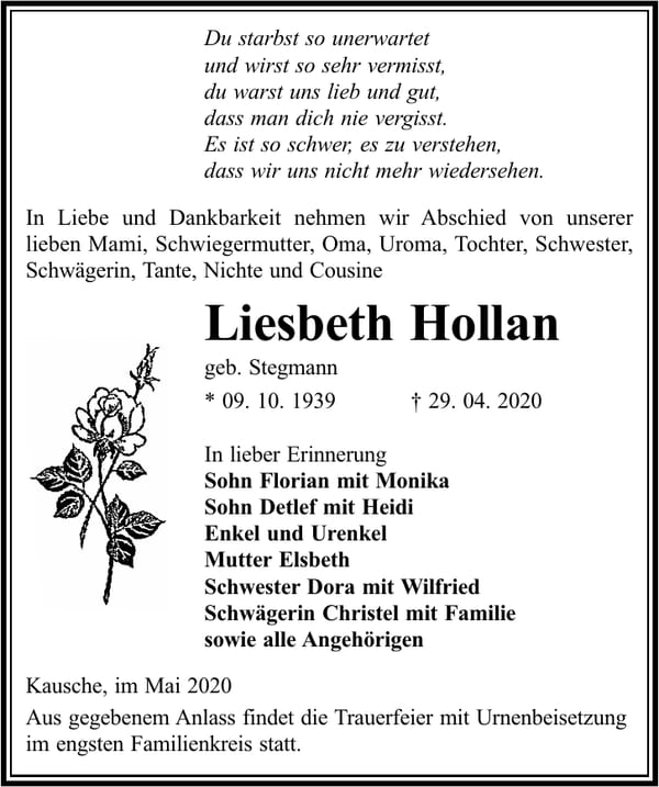 Traueranzeige Liesbeth Hollan, geb. Stegmann