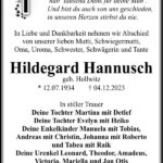 Traueranzeige Hildegard Hannusch, geb. Hollwitz