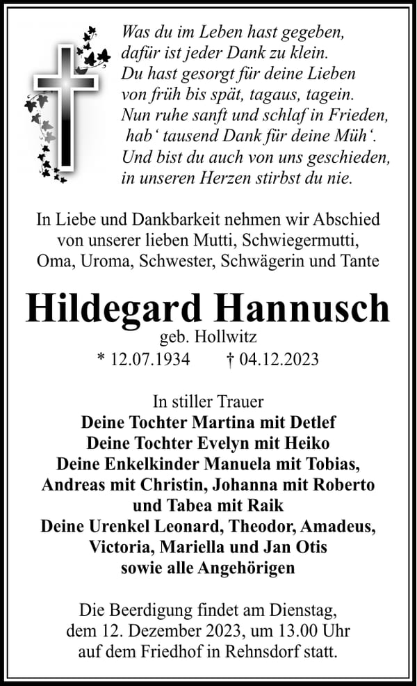 Traueranzeige Hildegard Hannusch, geb. Hollwitz