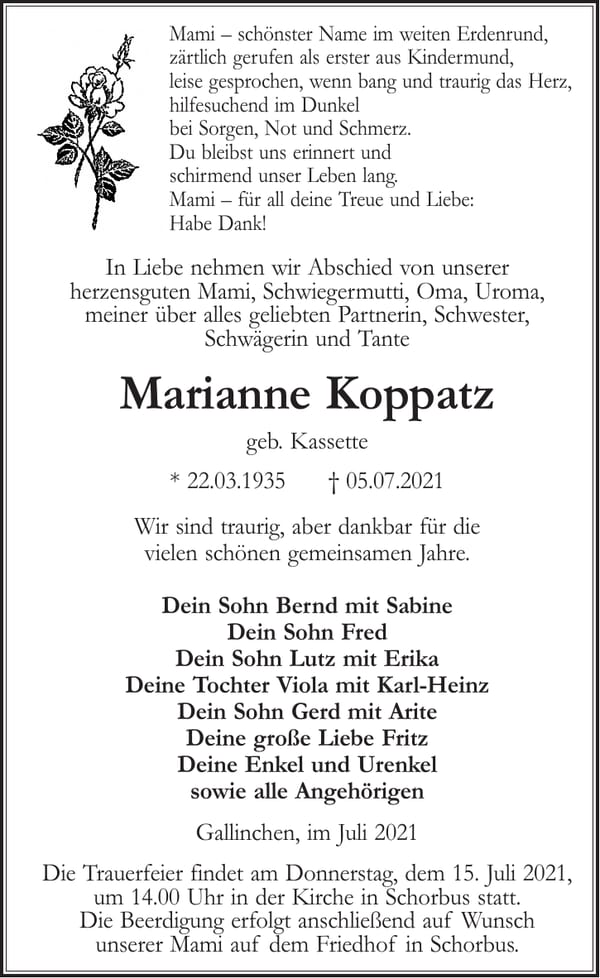 Traueranzeige Marianne Koppatz, geb. Kassette