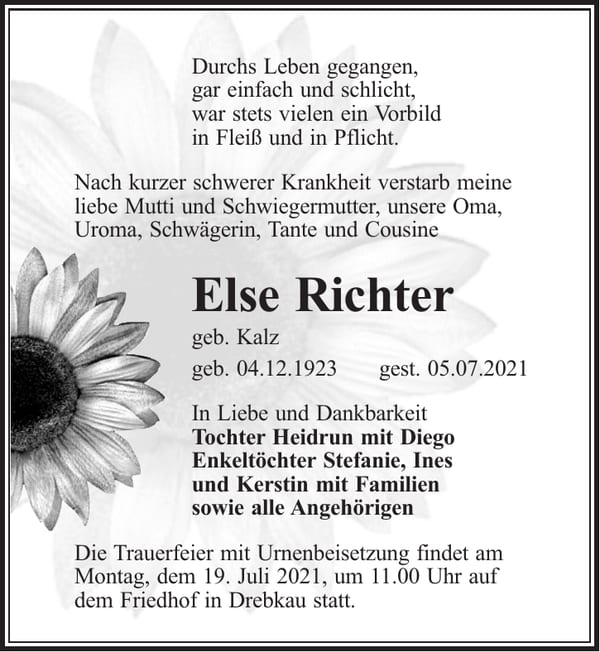 Traueranzeige Else Richter, geb. Kalz