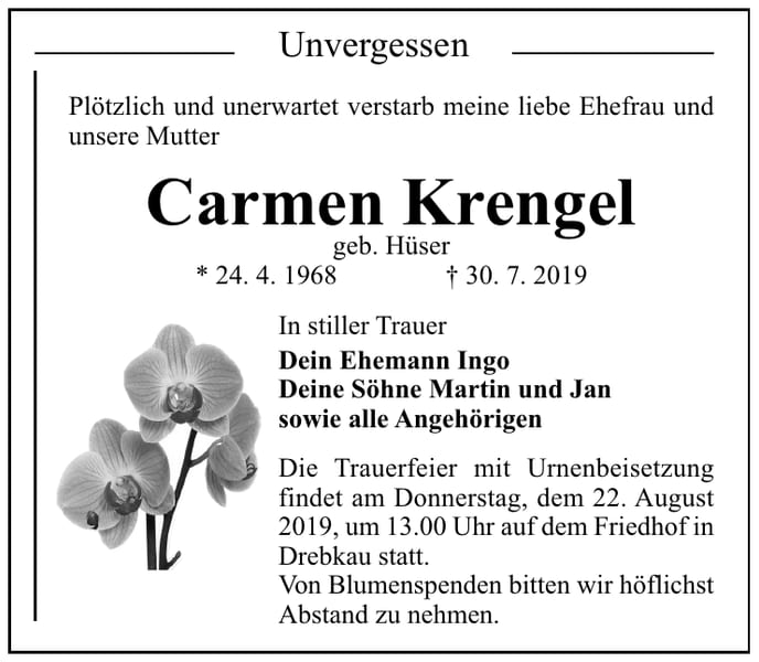 Traueranzeige Carmen Krengel, geb. Hüser