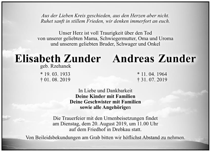 Traueranzeige Elisabeth Zunder, geb. Rzehanek und Andreas Zunder