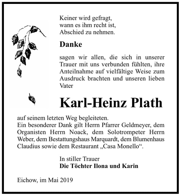 Danksagung Karl-Heinz Plath