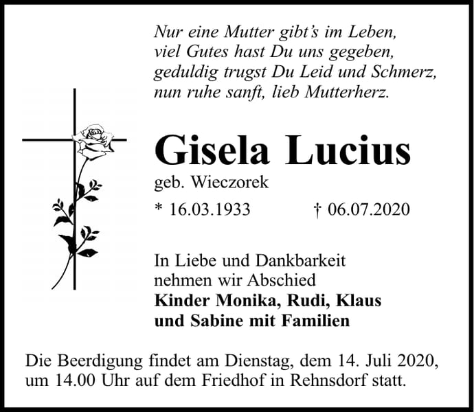 Traueranzeige Gisela Lucius, geb. Wieczorek