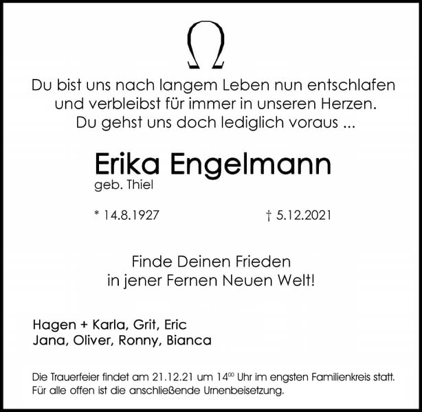 Traueranzeige Erika Engelmann, geb. Thiel