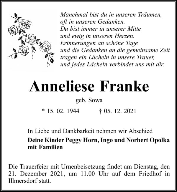 Traueranzeige Anneliese Franke, geb. Sowa