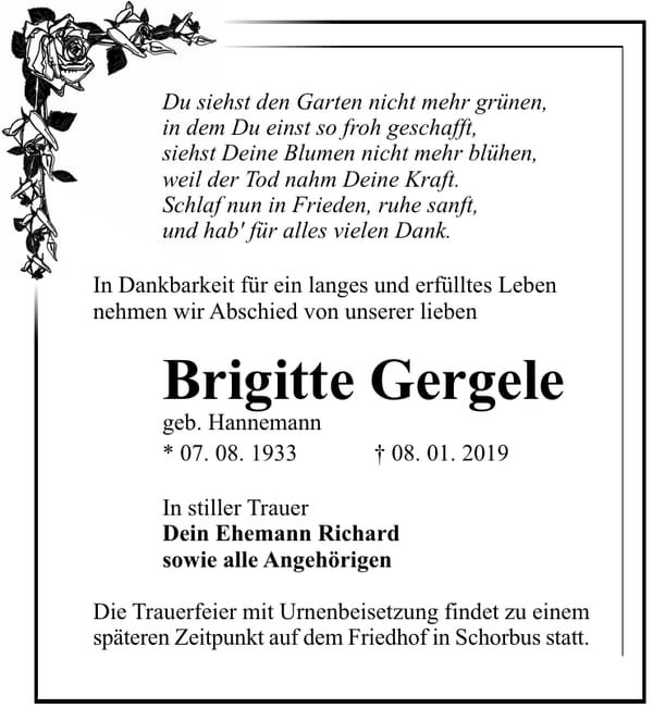 Traueranzeige Brigitte Gergele, geb. Hannemann