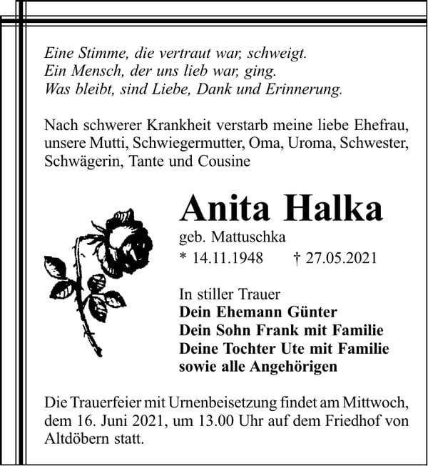 Traueranzeige Anita Halka, geb. Mattuschka