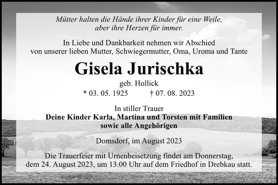 Traueranzeige Gisela Jurischka, geb. Hollick