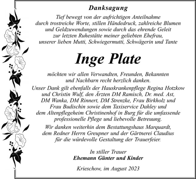 Danksagung Inge Plate