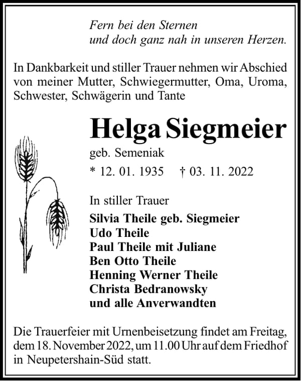 Traueranzeige Helga Siegmeier, geb. Semeniak