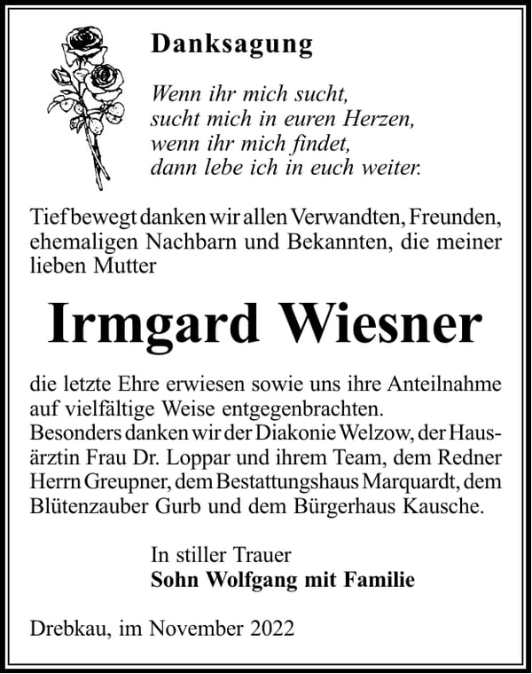 Danksagung Irmgard Wiesner