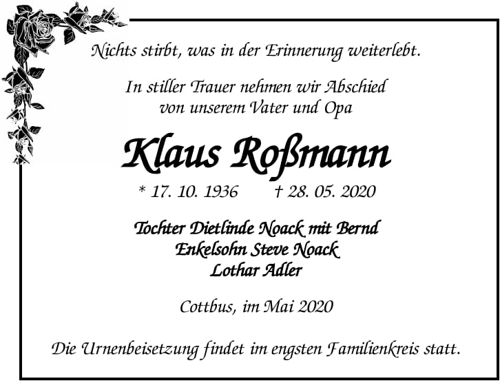 Traueranzeige Klaus Roßmann