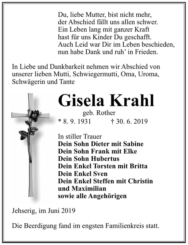 Traueranzeige Gisela Krahl, geb. Rother