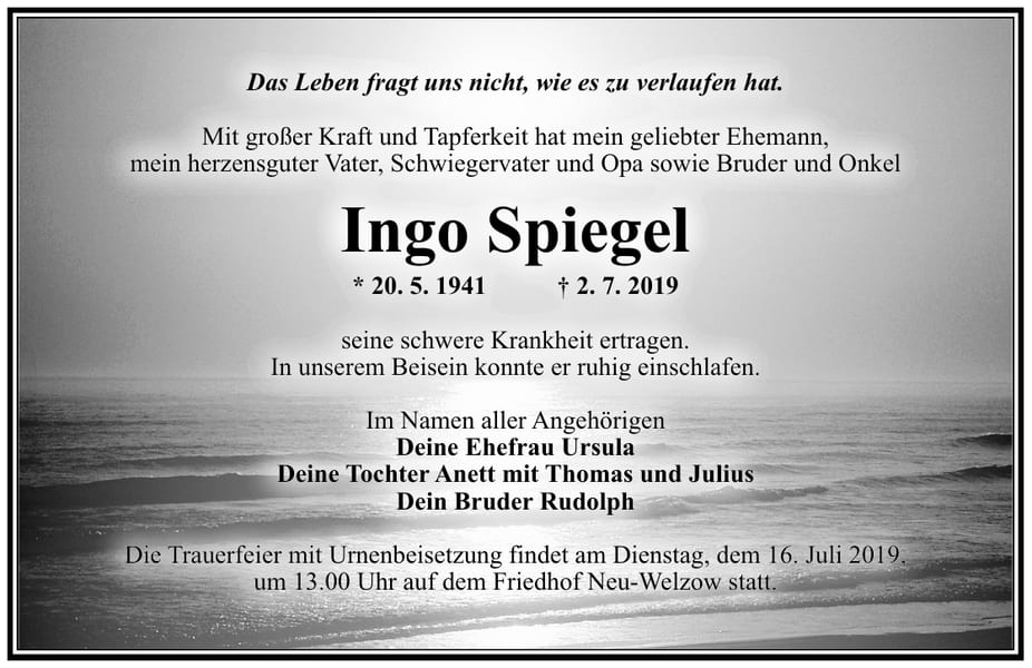 Traueranzeige Ingo Spiegel