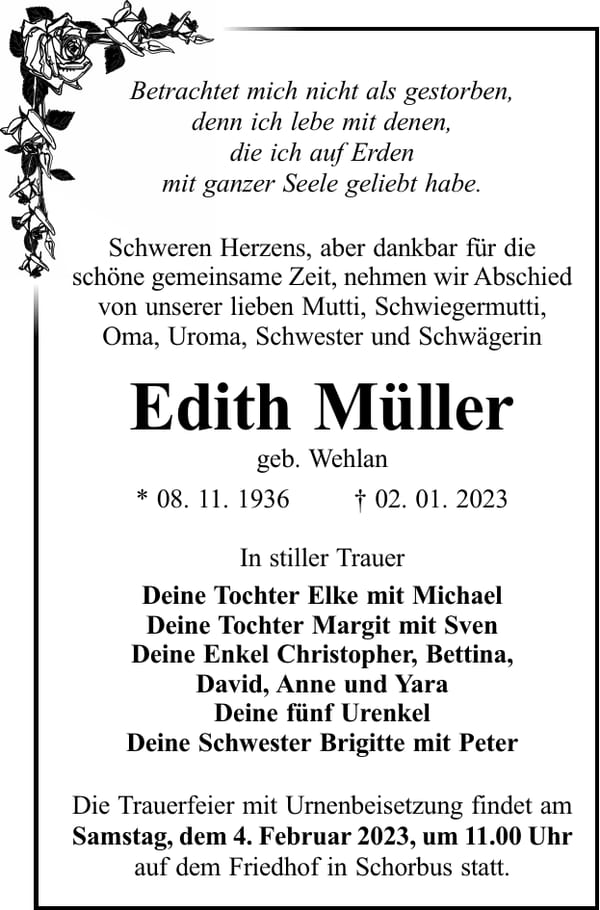 Traueranzeige Edith Müller, geb. Wehlan