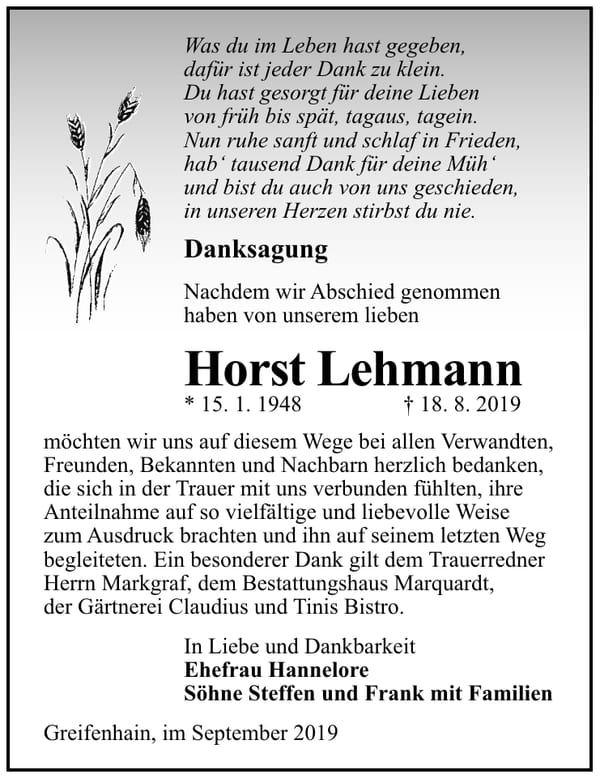 Danksagung Horst Lehmann