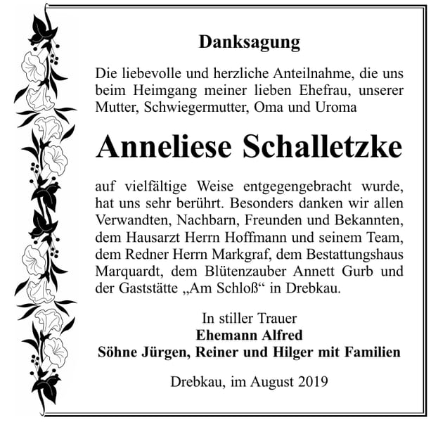 Danksagung Anneliese Schalletzke
