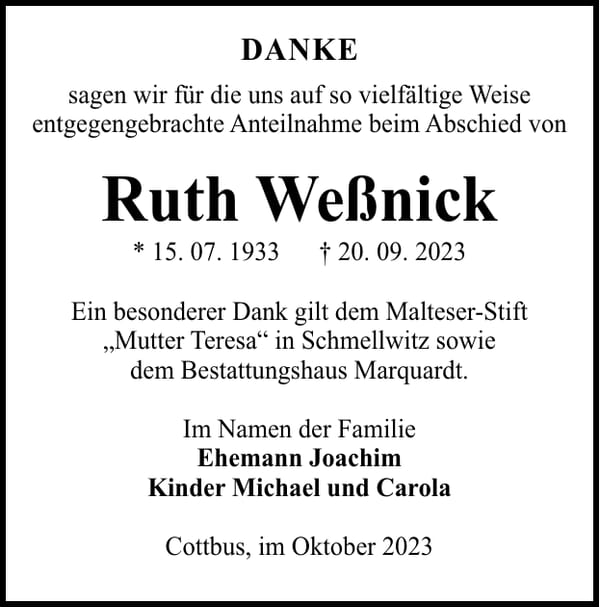 Danksagung Ruth Weßnick