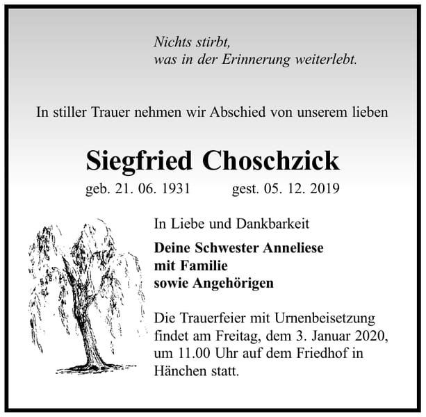 Traueranzeige Siegfried Choschzick