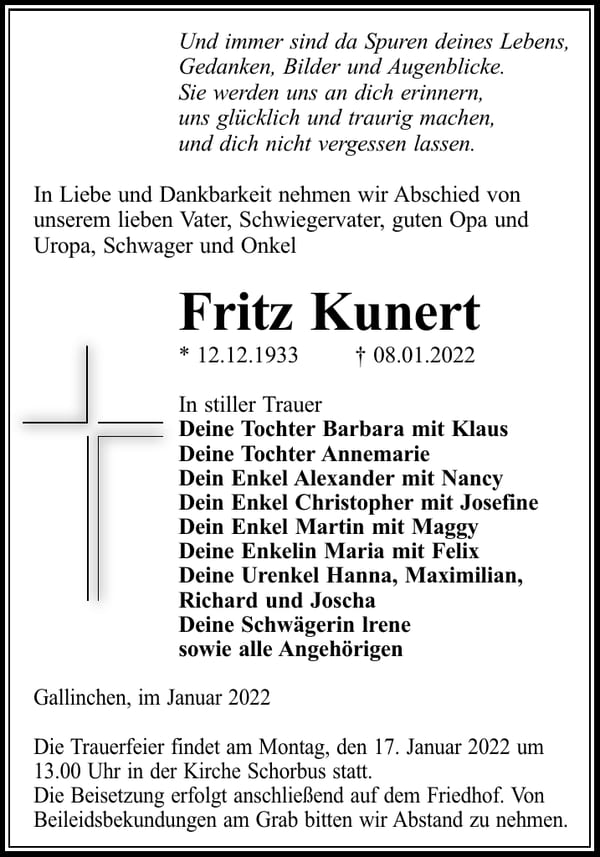 Traueranzeige Fritz Kunert