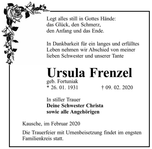 Traueranzeige Ursula Frenzel, geb. Fortuniak